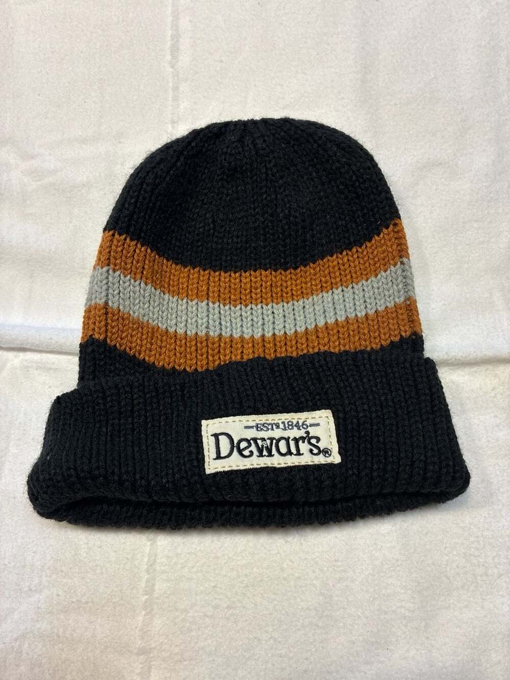 Dewar's Est 1846 Striped Knit Cuffed Beanie Hat Black Orange Grey